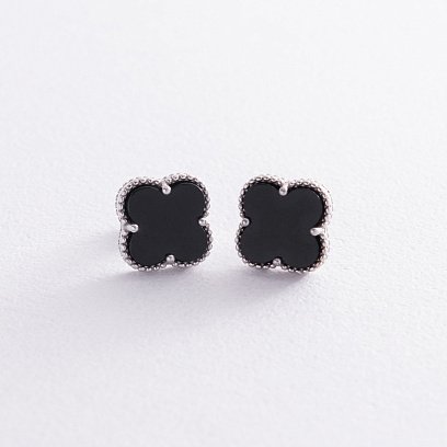 Срібні сережки - пусети "Конюшина" (синт. онікс) OR128220 №3