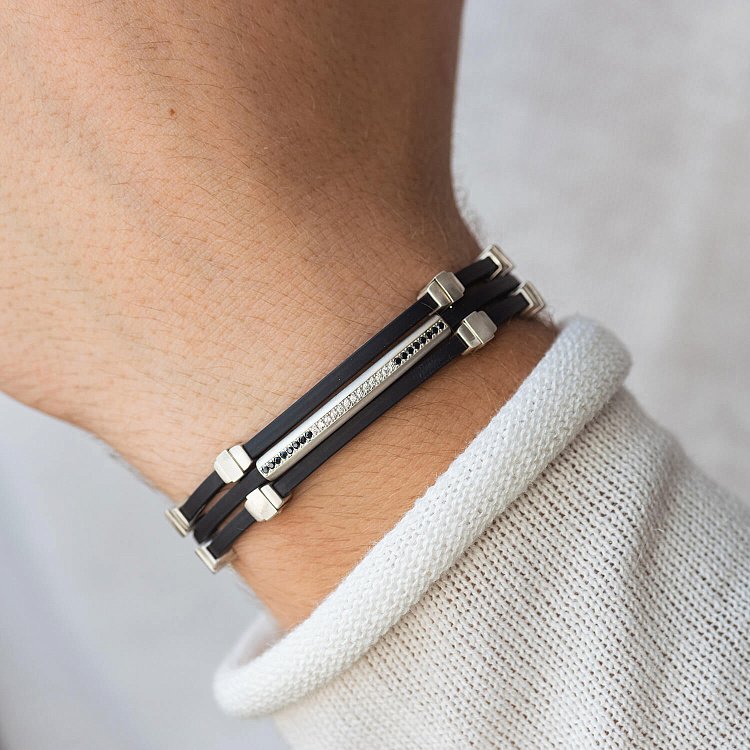 Каучуковий браслет зі срібними вставками (фіаніти) 1091чб від ювелірного магазину Онікс - 1