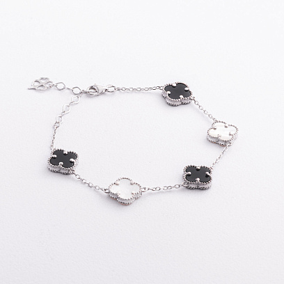 Срібний браслет "Конюшина" (перламутр, онікс) 141647