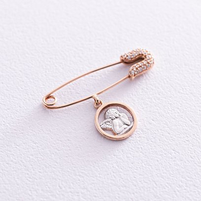 Золотая детская булавка "Ангелочек" с фианитами зак00265