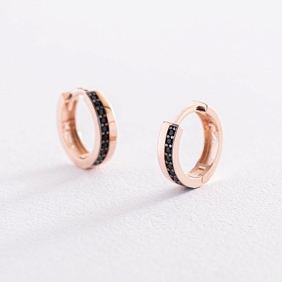 Золоті сережки - кільця з чорними фіанітами с07447