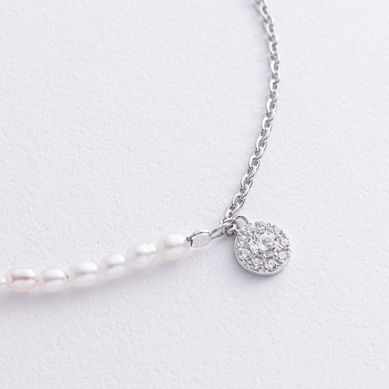 Серебряный браслет на ногу (культ. пресн. жемчуг, фианиты) 905-01603 №3