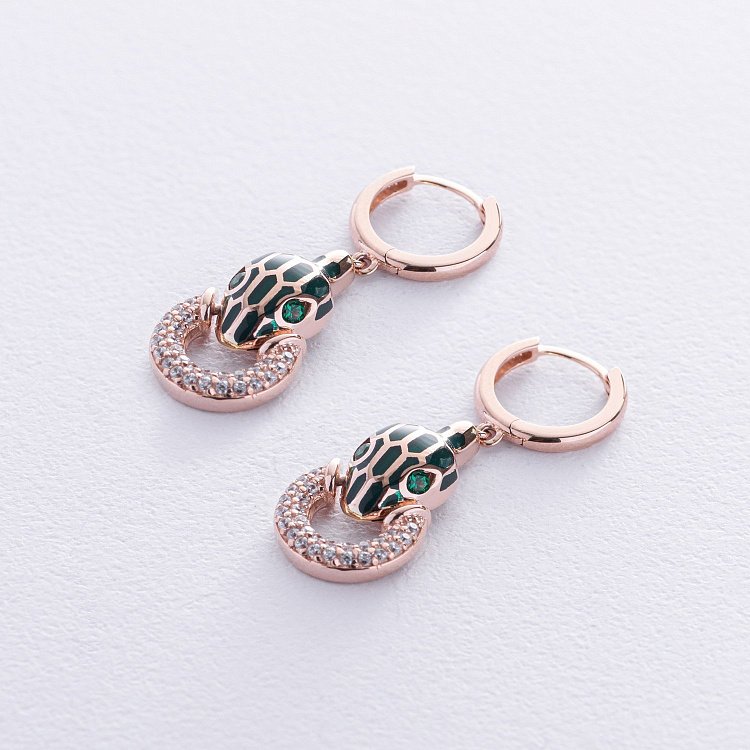 Золотые серьги "Змеи" (эмаль, фианит) с08695 от ювелирного магазина Оникс - 4