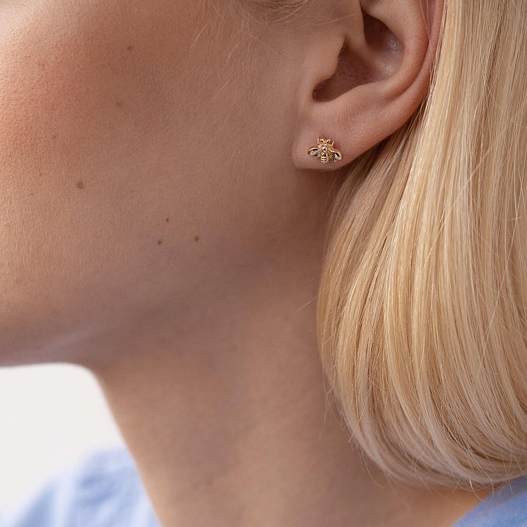 Серьги - пусеты "Пчелки" в желтом золоте с07855 от ювелирного магазина Оникс - 3