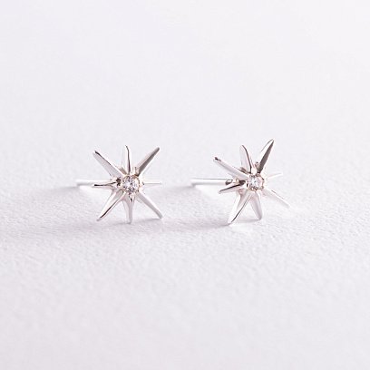 Серебряные серьги - пусеты "Звезды метеориты" с фианитами 123206 №3