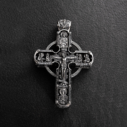 Срібний хрест "Ісус Христос зі святими. Спаси та Збережи" з ебеновим деревом 1602