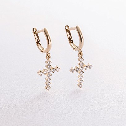Сережки "Хрестики" з фіанітами (жовте золото) с08569
