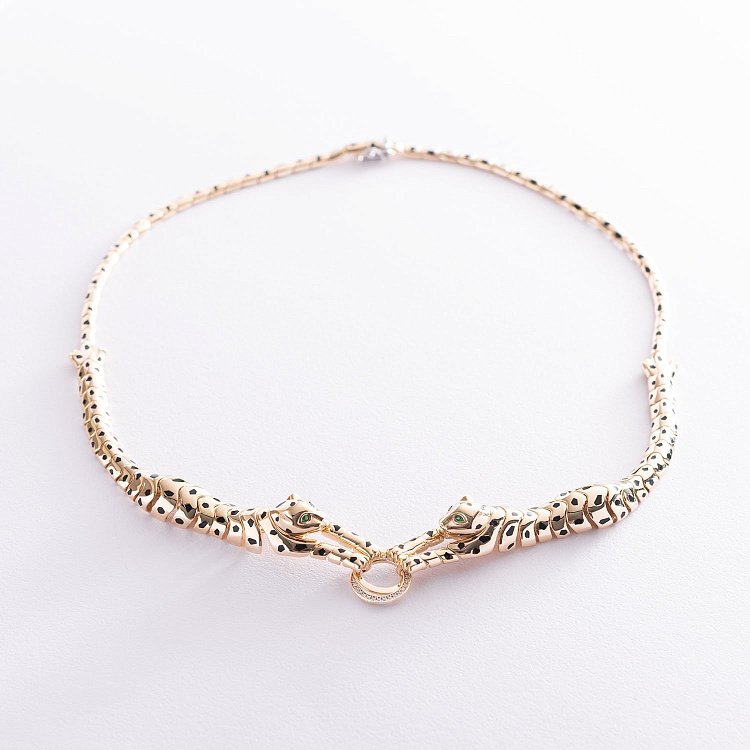 Кольє "Пантери" в жовтому золоті (фіаніт, емаль) кол01724 від ювелірного магазину Онікс