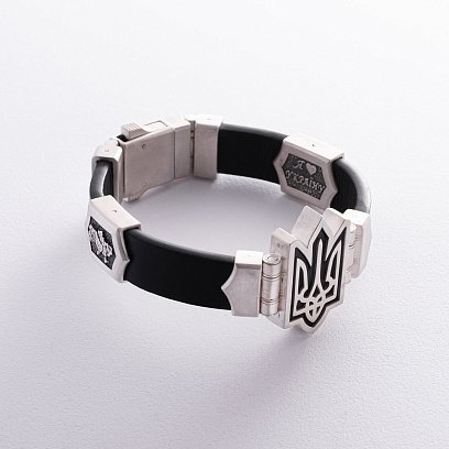 Мужской серебряный браслет "Герб Украины - Тризуб" (кожа, эбен) 1079 №7