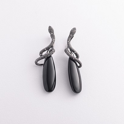 Золотые серьги "Змеи" (оникс, бриллиант) сб0249sth №2