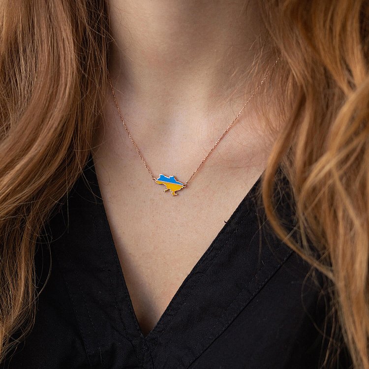 Колье "Карта Украины" в красном золоте (голубая и желтая эмаль) кол02357 от ювелирного магазина Оникс - 1