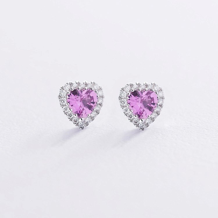 Золоті сережки-пусети "Сердечка" (аметист, діамант) сб0320lg від ювелірного магазину Онікс