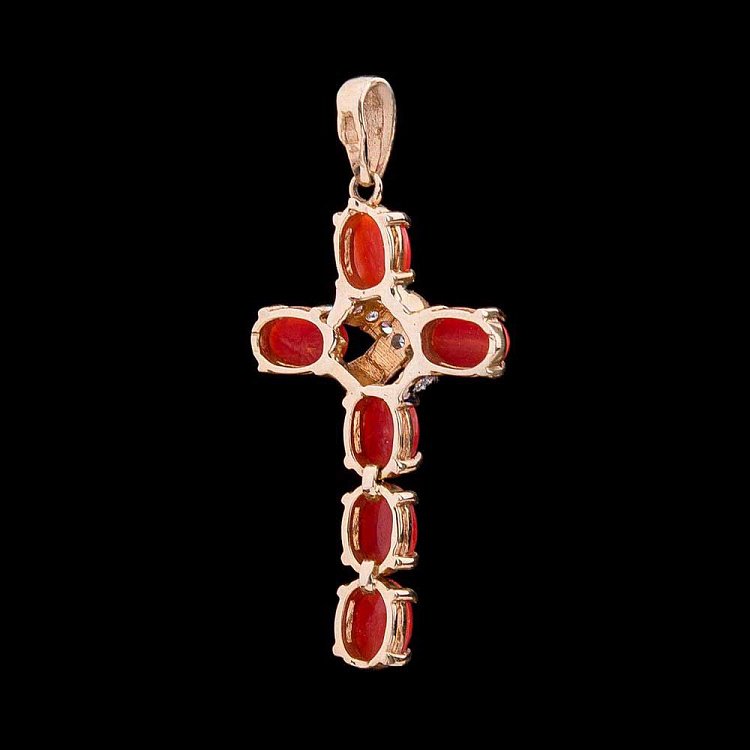 Золотой крестик с кораллом и фианитами п483 от ювелирного магазина Оникс - 4