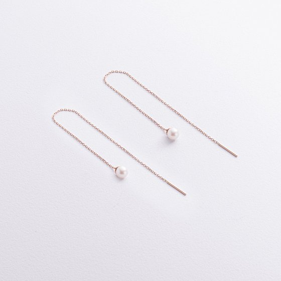 Серьги - протяжки с жемчугом (красное золото) с09072 №2