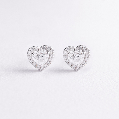 Серьги - пусеты "Сердечки" в белом золоте (бриллианты) сб0709ca