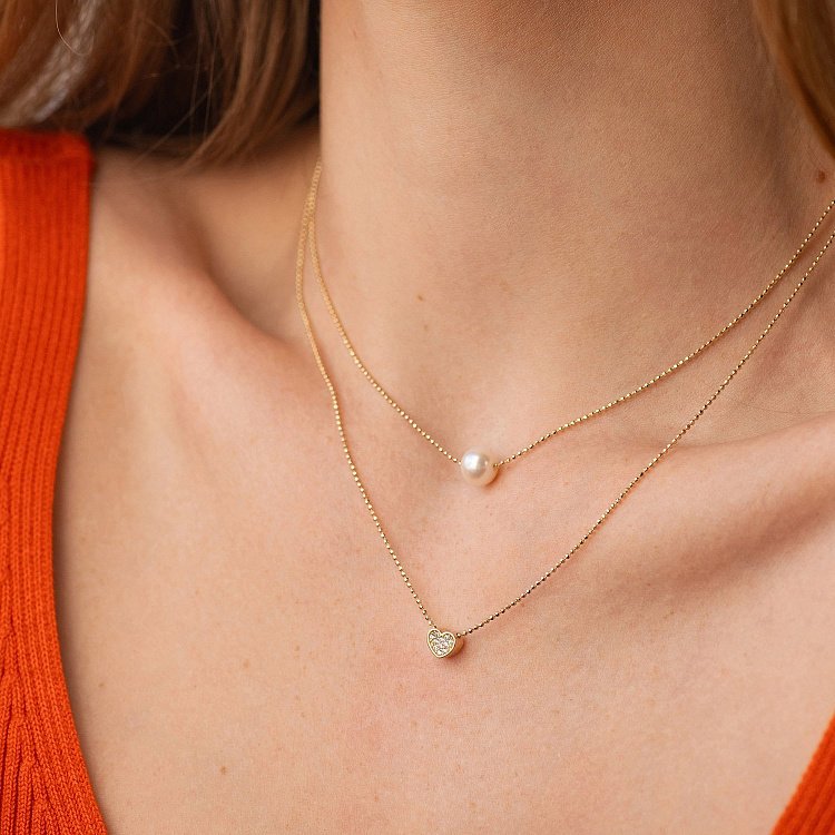 Подвійне кольє "Сердечко і перлина" з фіанітами (жовте золото) кол02545 від ювелірного магазину Онікс - 1