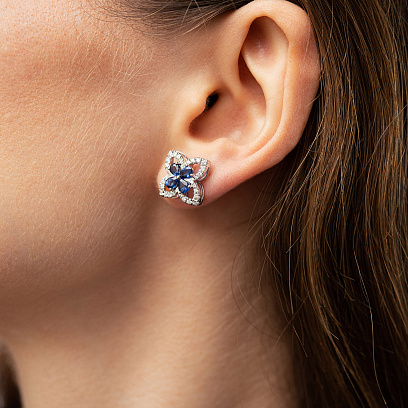 Сережки - пусети "Конюшина" в білому золоті (діаманти, сапфіри) сб0701sm №2