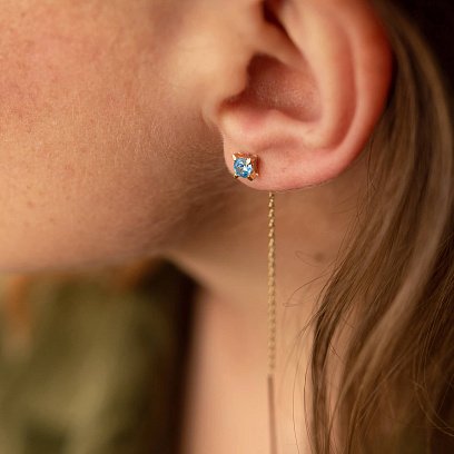 Серьги - протяжки в желтом золоте (голубые и желтые фианиты) с08123 №5