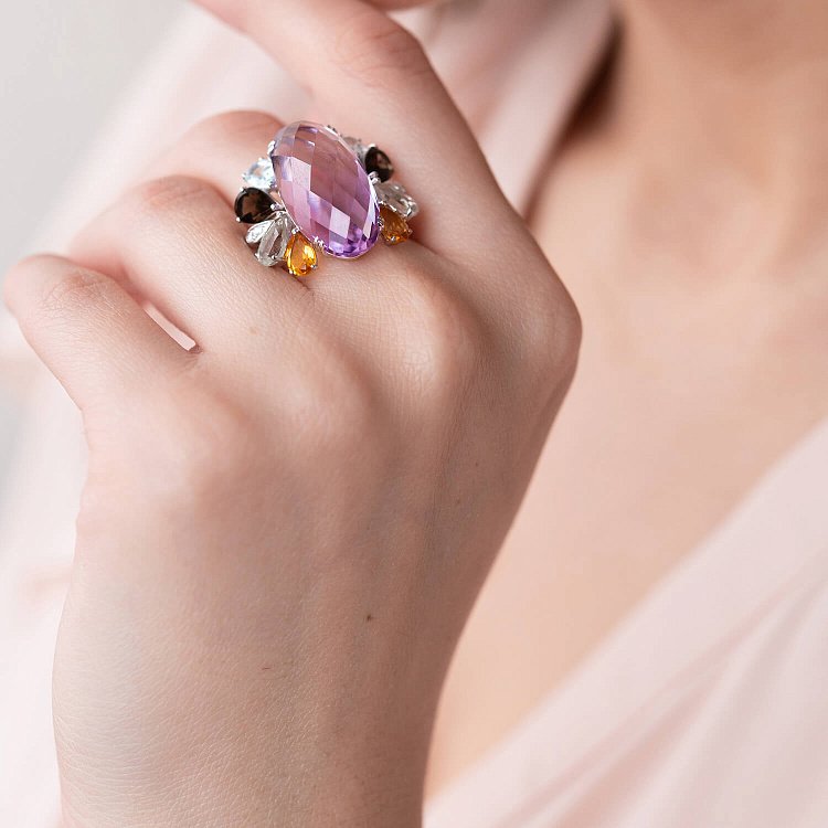 Золотое кольцо (бриллианты, топаз голубой, цитрин, кварц дымчастый, аметист зеленый, аметист) к746A1 от ювелирного магазина Оникс - 4