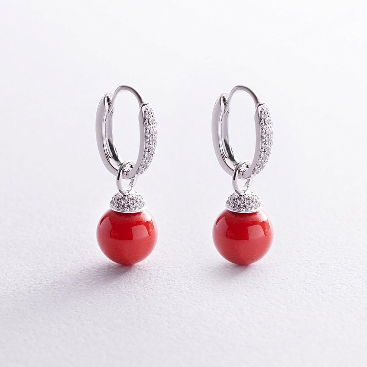 Золоті сережки "Кульки" з коралами і діамантами сб0476ca від ювелірного магазину Онікс