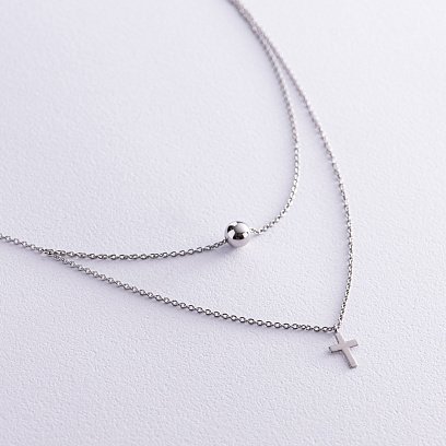 Двойное серебряное колье "Шар и крестик" 1093