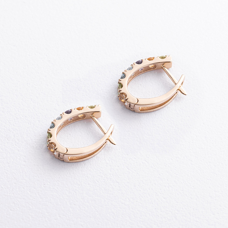 Золоті сережки з доріжкою різнокольорових натуральних каменів с09721 від ювелірного магазину Онікс - 4