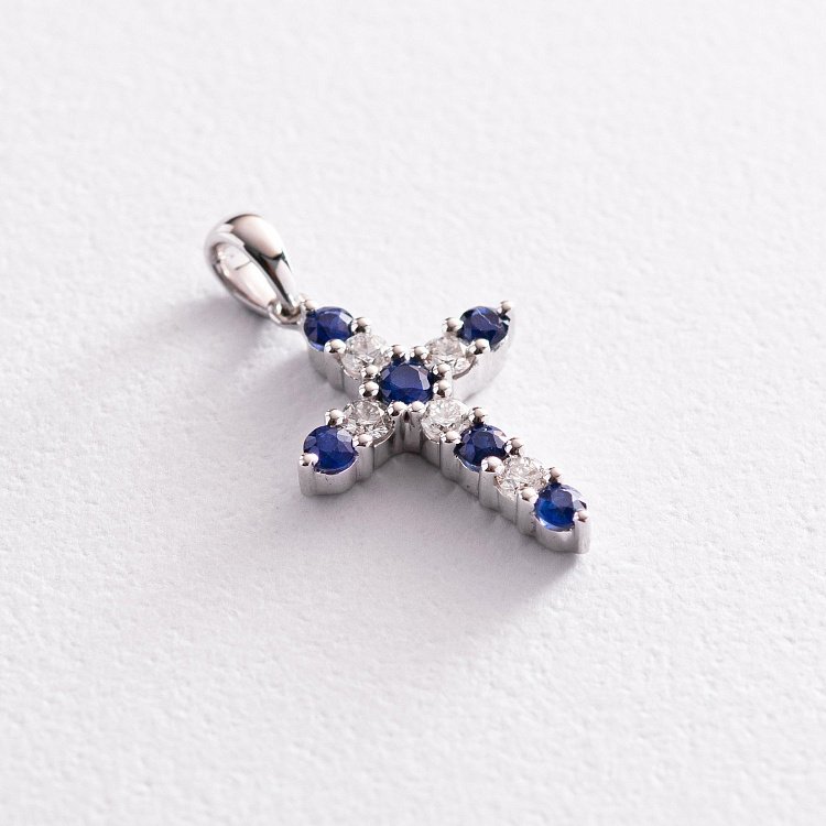 Золотой крестик с сапфирами и бриллиантами пб0278ri от ювелирного магазина Оникс