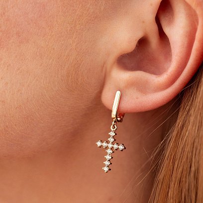 Золотые сережки "Крестики" с фианитами с02439 №4