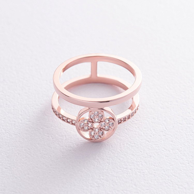 Каблучка "Конюшина" в червоному золоті (фіаніти) к07350 від ювелірного магазину Онікс