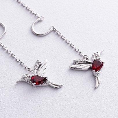 Серебряные серьги - протяжки "Колибри" (фианиты, пироп) GS-02-189-4110 №2