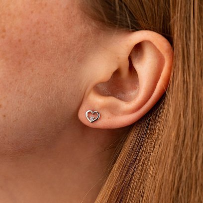 Серьги - пусеты "Сердечки" в белом золоте (фианиты) с08474 №3