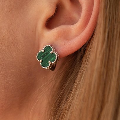 Сережки "Конюшина" в білому золоті (малахіт) с08401