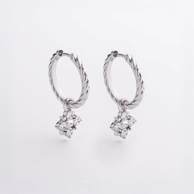 Золотые серьги - кольца "Клевер" с фианитами 2 в 1 с09531 от ювелирного магазина Оникс