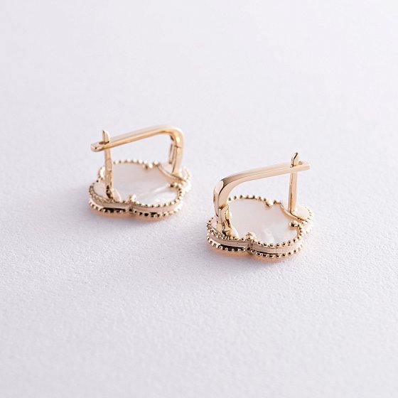 Сережки "Конюшина" в жовтому золоті (перламутр) с08295 №4