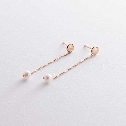 Сережки - пусети "Перлина на ланцюжку" у жовтому золоті с08293 №3