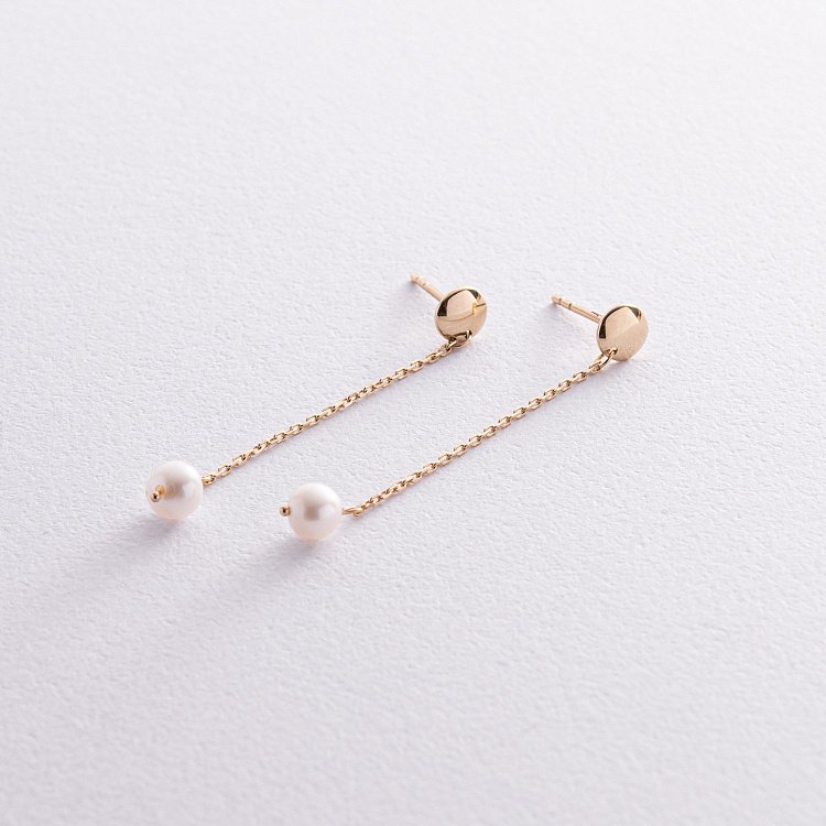 Сережки - пусети "Перлина на ланцюжку" у жовтому золоті с08293 від ювелірного магазину Онікс - 3