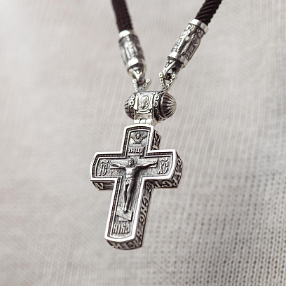 Срібний хрест "Розп'яття. Молитва" на шнурку 1062 №2