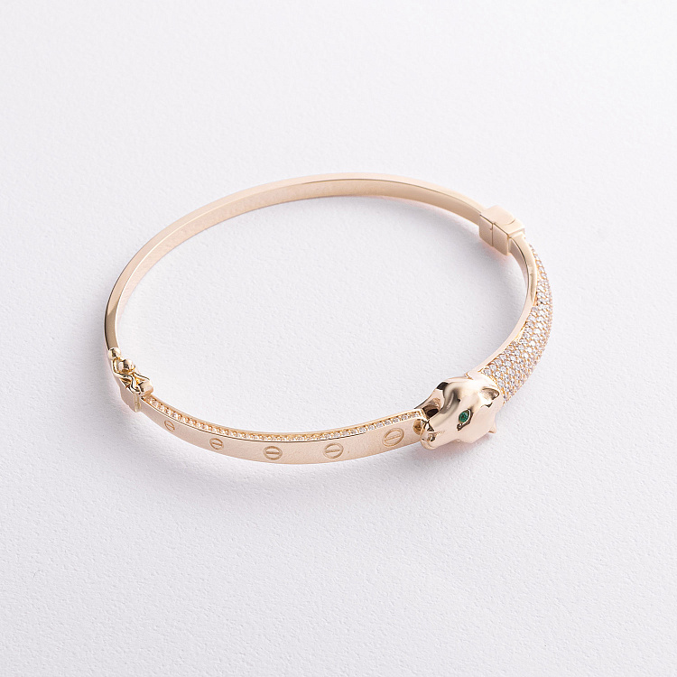 Жорсткий браслет "Пантера" у жовтому золоті (фіаніти) б05240 від ювелірного магазину Онікс - 1