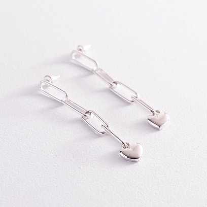 Срібні сережки - пусети "Сердечки на ланцюжку" 123197 №3