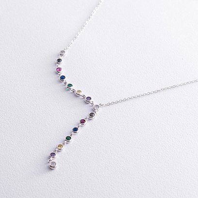 Срібне кольє - краватка з різнокольоровими фіанітами 181213 №5