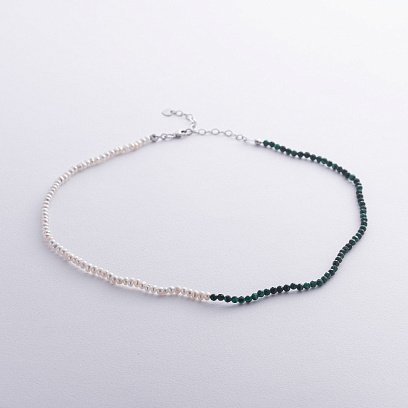 Серебряное колье "Жемчужинки и малахит" 181285 №3