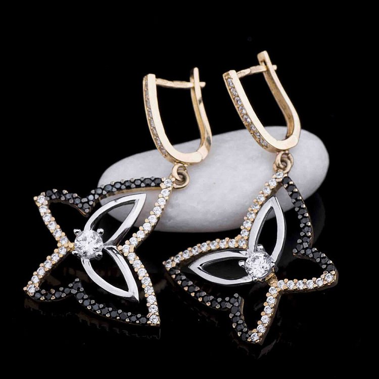 Золотые серьги "Бабочки" с фианитами с02435 от ювелирного магазина Оникс - 2