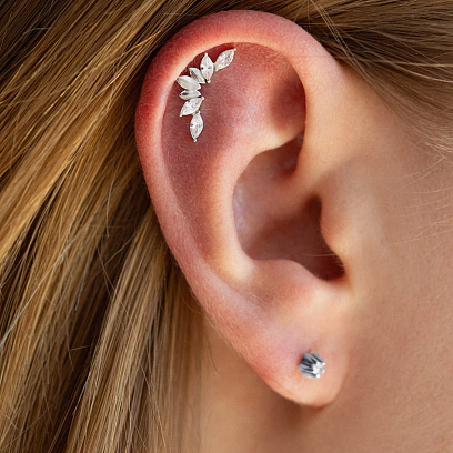 Одиночна срібна сережка в хрящ вушка (фіаніти) 40067 №2