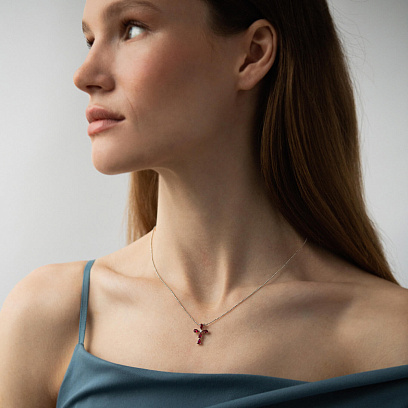 Золотой крестик с бриллиантом и рубинами пб0377nl №2