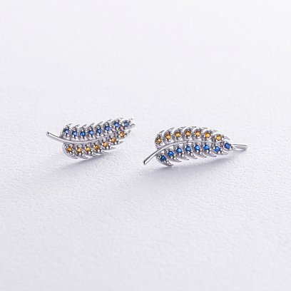 Серебряные серьги - клаймберы "Колоски пшеницы" (синие и желтые фианиты) OR132790