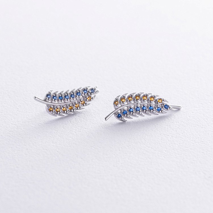 Серебряные серьги - клаймберы "Колоски пшеницы" (синие и желтые фианиты) OR132790 от ювелирного магазина Оникс