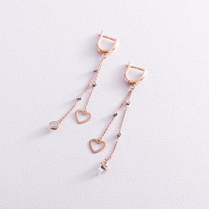 Золотые серьги "Сердечки" на цепочке (фианиты) с07227