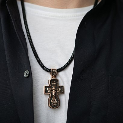 Золотой крест "Господь. Архангелы Михаил и Гавриил. Ангел Хранитель. Святитель Николай. Сергий Радонежский" с эбеновым деревом 980з №2