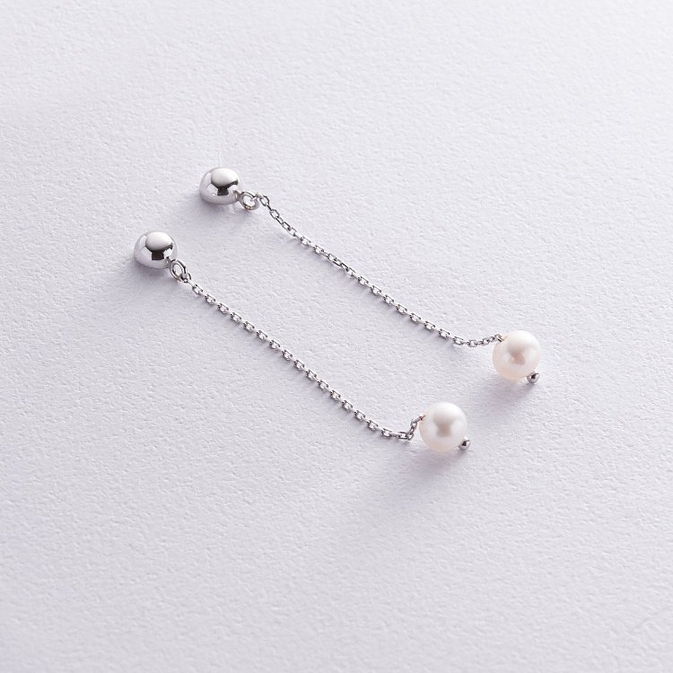 Серьги - пусеты "Жемчужина на цепочке" в белом золоте с08313 от ювелирного магазина Оникс - 4