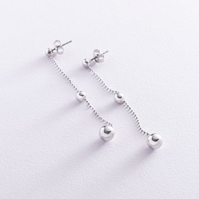 Серебряные серьги-пусеты "Шарики на цепочке" 122832 №2